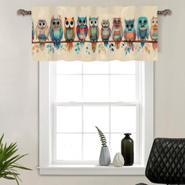 HDESDIS 1 Panel Colorful Owl Curtain Valance for Windows, Abstract Bird Tree Leaf Rod Pocket Short Window Treatment Decor Drapes for Kitchen, Bathroom, 54" X 18"