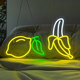Banana and Lemon Neon Sign Set of 2 （1 Banana Light+1 Lemon Light）Fruit Neon Lights for Wall Decor, Kids Room, USB Powered Acrylic Neon Art for Bedroom Classroom