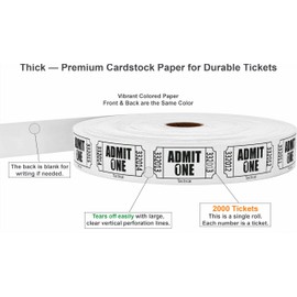 Tacticai 2000 Raffle Tickets, Admit One, Single Roll, Ticket for Events, Entry, Class Reward, Fundraiser & Prizes - White (1 of 8 Colors)