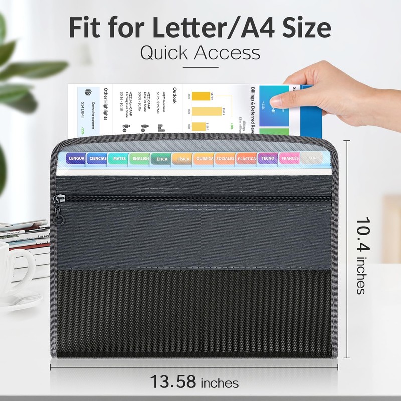 Sooez Accordion File Organizer with Safe Zipper, 12 Pocket Expanding