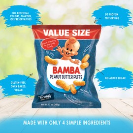 Gratify Bamba Peanut Butter Snacks for Families - All Natural Peanut Butter Puffs Value Size ( 2 pack - 12oz Bags) - Peanut Butter Puffs made with 4 Simple Ingredients. Family Size Bags
