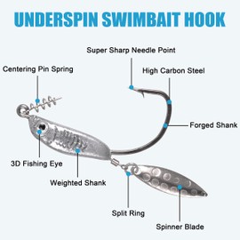 Weighted Hooks with Twistlock, Bladed Jig Head Hooks Weedless Swimbait Hooks with Spinner Blade Centering Pin 3D Eyes Weighted Fishing Hooks for Soft Plastics Saltwater Freshwater