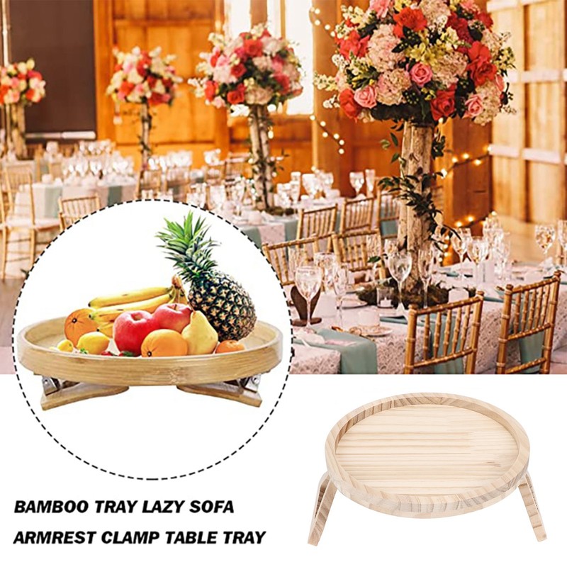 Clip On Tray Natural Bamboo 9.8in Round Home Couch Sofa