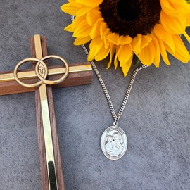 F A Dumont Sterling Silver St. Joseph Pendant (1' x 3/4') with 24' Stainless Silver Heavy Curb Chain - Patron Saint of Carpenters/Fathers/Dying - Includes Deluxe Flip Box