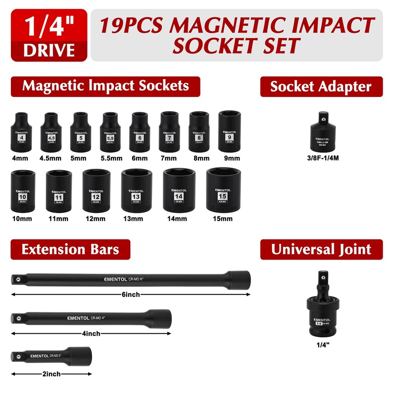EMENTOL 1/4 Inch Drive Magnetic Impact Socket Set, 19-Piece Metric,