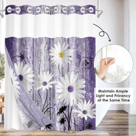 Nesphy No Hook Rustic Farmhouse Shower Curtain with Snap in Fabric Liner Set, Purple White Daisy Flowers and Butterfly on Wooden Double Layers Waterproof with See Through Top Bath Curtain 71x74 Inch