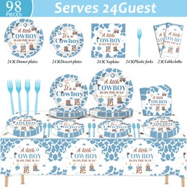OBUSATT Cowboy Baby Shower Decoration Little Cowboy Baby Shower Plates Napkins Tablecloth a Little Cowboy is on the Way Tableware Supplies for Western Cowboy Rodeo Baby Shower Party Favors Serves 24