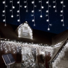 Newhale 30.5FT Solar Christmas Icicle Lights for Outside, 8 Modes Snowflake & Star Eaves Christmas Decorations, Waterproof Outdoor Solar String Lights Decor for Gazebo, Patio (White)