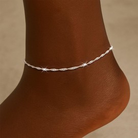Moodear Ankle Bracelets for Women 14K Silver Plated Anklet Twist Chain