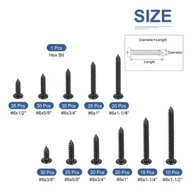 DTGN Pan Head Sheet Metal Screws Assortments 304 Stainless Steel Self-Tapping Screws Hardware Kit,Black Oxide(Size:#6x1/2-#8x1-1/2-260pcs+1 Cross head Wrench)