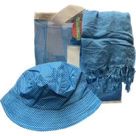 Molly N' Me 3-Piece Blue 65" Scarf Beach Wrap, Reversible Hat & 13" Tote Bag Pool Lake Boat