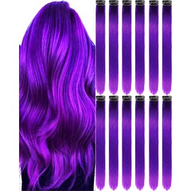 Olldag 12 PCS Purple Hair Extensions Clip in, Olldag 22-inch Colored Party Synthetic Neon Highlights Extensions, Rainbow Hair Accessories for Girls Women Kids Doll Hair Pieces