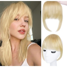 SUNFA Clip in Bangs Real Human Hair Clip on Wispy Bangs Fringe with Temples Hairpieces Fake Front Bangs Extensions for Women Light Blonde Color