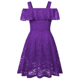 Girls Floral Lace Dress Off Shoulder Flutter Sleeve Bridesmaid Vintage Formal Cocktail Party Swallowtail Swing Cassual Dresses 7-14 Years(Purple,8/9)