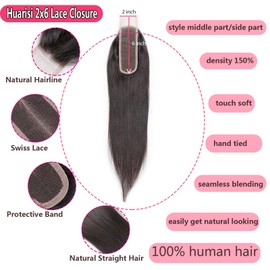 Huarisi 2 x 6 Lace Closure Human Hair Sew-in 14 Inch Straight Braizlian with Baby Hair Transparent Lace Bleached Knots Natural Hairline Free Part Density 150%