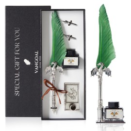 VANGOAL Dragon Quill Pen and Ink Set, Vintage Dragon Feather Pen with Novelty Pen Base, Retro Carving Dip Pen Calligraphy Pen Gift Set for Writing, Drawing, Desktop Decoration (Green)