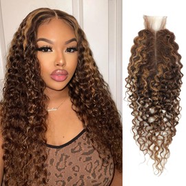 ALHER Long Deep Part 2x6 Closure Water Wave Honey Blonde Highlight 16 Inch, Ombre Brown and Blond Wet and Wavy 2x6 Kim K Lace Closure Pre Plucked With Baby Hair, #P4/27 Color Real Human Hair Closure