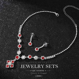 Ushiny Silver Bridal Wedding Jewellery Set Red Rhinestone Necklace and Earring Set Sparkly Crystal Dangle Drop Earrings Necklace Jewellery Set for Women and Girls