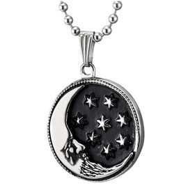 Men Women Stainless Steel Black Silver Crescent Moon Face and Stars Circle Medal Pendant Necklace(CA)