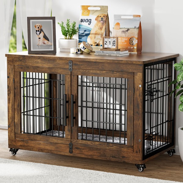 Dog Crate Furniture with Cushion, Large Wooden Dog Kennel Indoor