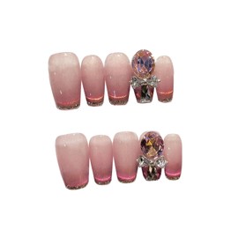 BIBII Nails Handmade Nail Tip, Popular, Korean Popular, Long, Cute Pink, 10 Pieces, Oval, Ultra Thin, 100% Handmade Nails, Press on Nails, 3D Nails, Luxurious, Mass-Produced, Dreamy, Sparkling Stars,