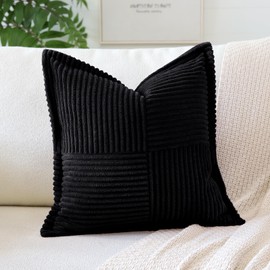 OTOSTAR Striped Corduroy Throw Pillow Covers with Splicing Super Soft Boho Pillow Covers Broadside Decorative Textured Throw Pillows for Couch Sofa Bed Living Room 22x22 Inch, Black