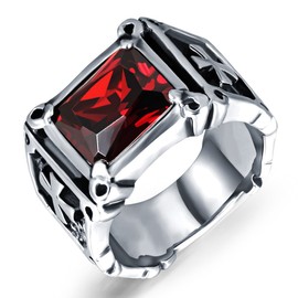 Men Women Stainless Steel Cushion Cut Red Cubic Zirconia CZ Ruby Silver Cross Ring Punk Black Biker Band, Titanium 316L Stainless Steel Cubic Zirconia, Cubic Zirconia