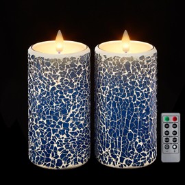 CozierGlow Mosaic Flameless Pillar Candles Flickering with Remote Timer, Battery Candles Up to 400 Hours, 3D Moving Flame Real Wax Candles, Set of 2, 3 x H6 Inches, Remote Included (Blue, 6in)
