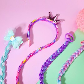 PinkSheep Unicorn Mermaid Glitter Hair Bows Headband With Braided Wig - Rainbow Hair Extension Clips for Little Girls, 4PCS