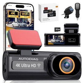 AUTODIAG 4K Dash Camara para Auto, Dashcam con WiFi | Cámara Automóvil Frontal y Trasera | WOR Visión Nocturna,Soporta hasta 256GB, Pantalla 2.6'', Control por App, Ángulo Ancho 170°,Incluida SD 32GB