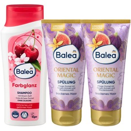 Balea 3er-Set Haarpflege: Shampoo FARBGLANZ Pflege für coloriertes Haar mit Kirsch-Duft, 300 ml + Haarspülung ORIENTAL MAGIC mit Feigen-Extrakt & Wunderbaumöl für natürlichen Glanz, 2 x 200 ml (700ml)