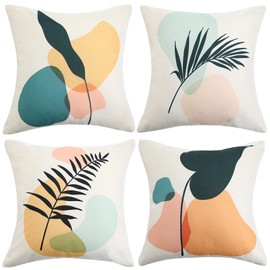 ETOLISHOP Cushion Covers, 40 x 40 cm, Set of 4, Yellow Linen Cushion Cover, 16 x 16 cm, Green Leaves, Decorative Cushion for Living Room, Bedroom, Sofa