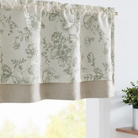 jinchan Linen Floral Valance Double Layer Kitchen Window Curtain Green Flower on Beige Valance for Living Room Cafe Farmhouse Room Darkening Rustic French Country Sage 18 Inch Rod Pocket 1 Panel