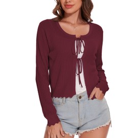 Women's Tie Front Knit Cropped Cardigan Long Sleeve Crochet Sweater Shrug Top Burgundy