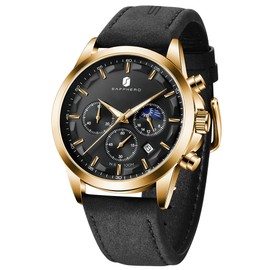 Benyar Watches Men's Chronograph Men's Watch 30 m Waterproof Analogue Quartz Watch Men's Business Calendar Sports Watch Gift for Men, Black Face/Black Band/Gold Case