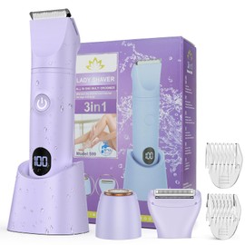 Bikini Trimmer for Women, 3 in 1 Electric Razors for Women, Waterproof Pubic Hair Trimmer and Facial Hair Remover, Rechargeable Electric Shaver for Underarm Leg Arm Body with LED Display