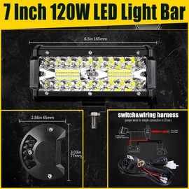 MUVKQC 7 Inch LED Light Bars - 8PCS 120W LED Pods Triple Row Flood Spot Combo Work Lights 12V 24V 12000lm Off-Road Driving Lights for Snowblower Truck Car ATV SUV - with 2 Leads Wiring Harness Kit