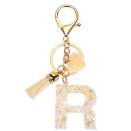 [PATIKIL] Alphabet Initial Letter Key Chain Tassel Heart Letter R Pendant Decoration Resin Cute Key Chain for Women Keeper Handbag Backpack Bag Accessories Beige