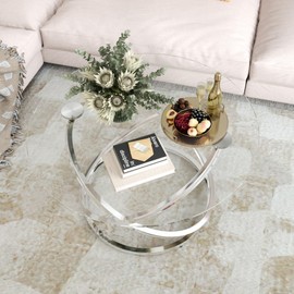 Otterease 31" Glass Coffee Table, Round Coffee Table with Ring Metal Frame, Modern Minimalist Coffee Table for Decoration, Coffee Tables Living Room, Study Room, Office, Silver