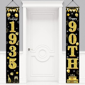 90th Birthday Door Banner Decorations for Men Women Black Gold Vintage 1935 Happy 90th Birthday Party Porch Sign Supplies Backdrop Decor for Outdoor Indoor