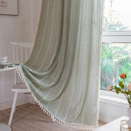 RoomTalks Sage Green Modern Farmhouse Textured Curtains for Bedroom Living Room 63 Inch Length Light Filtering French Country Boho Chic Tassel Window Curtain Panels Bohemian Draperies, 63’’L x 52’’W
