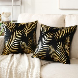JOTOM Set of 2 Cushion Covers Decor Velvet Throw Pillow Covers Gold Leaves Decorative Pillow Cases Bronzing Flannelette Cushion Cover for Couch Bedroom Sofa Car Home Living Room Decor 45x45cm (Black)