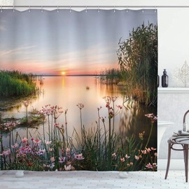 JIANGLANY Landscape Photo Garden Curtain 3D Shower Curtain Nature Scenery Sunset at Lake View Spring Flowers Green Grass Scenery Bathroom Decoration Curtains with Hook 71X 71 inches Green Pink Blue