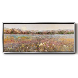 Renditions Gallery Abstract Canvas Artwork Blooming Meadow Moonrise Floater Framed Wall Art for Resturant Hotel Home - 24"X60" SILVER Frame GAL037