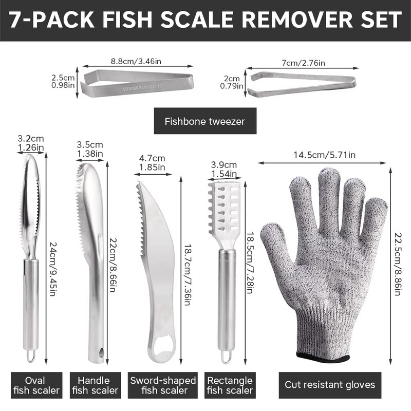 8PCS Fish Scaler Remover, Stainless Steel Fish Scaler with Gloves,