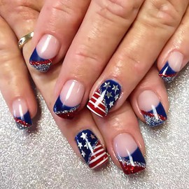 4th of July Press on Nails Short Square Fake Nails Independence Day False Nails with American Flag & Glitter Design Red Blue Acrylic Nails Stick on Nails for Women Girls 4th of July Parade Manicure