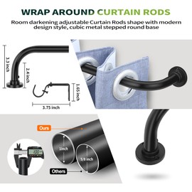Black Wrap Around Curtain Rods for windows 66 to 120 inch,Heavy Duty Black Curtain Rods,Adjustable Blackout Curtain Rod,Room Darkening Drapery Rods,Modern Window Curtains Rod 36-120",Matte Black