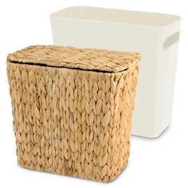 ZUNKNOD Wicker Trash Can with Lid and Liner, Handwoven Wicker Waste Basket, Water Hyacinth Bathroom Trash Can, Boho Rattan Garbage Wastebasket for Bedroom Home Living Room Office Kitchen, 2.5 Gallon