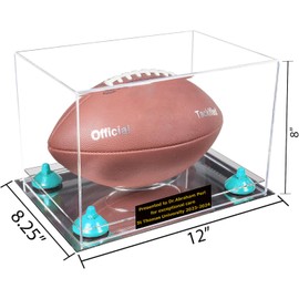 Better Display Cases Acrylic Football Display Case with Custom Name Plate, Clear Case, Light Blue Risers, and Mirror Base (A004/V41)