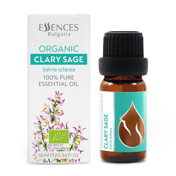 Essences Bulgaria Organic Clary Sage Essential Oil 1/3 Fl Oz | 10ml | Salvia sclarea | 100% Pure and Natural | Undiluted | Therapeutic Grade | Family Owned Farm | Steam-Distilled | Non-GMO | Vegan